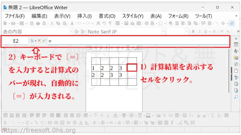結果を表示するセルをクリックしキーボードで〔=〕を押す-計算する-LibreOfficeWriter_