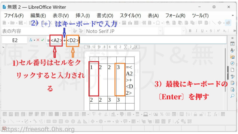 セル番号はセルをクリック、+等の記号はキーボードで入力する-計算する-LibreOfficeWriter