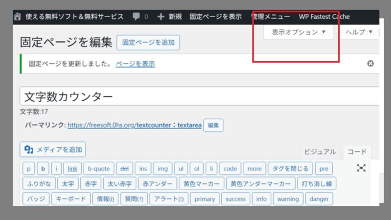 〔表示オプション〕を押して、〔カスタムJavaScript〕にチェックがついているか確認する1－WordPress