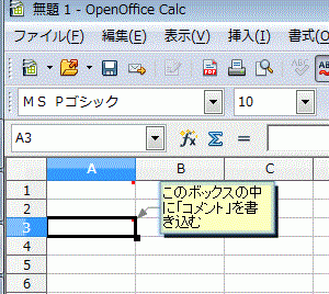 OpenOfficeCalcのセルにコメント-ボックスの中に「コメント」を書き込む