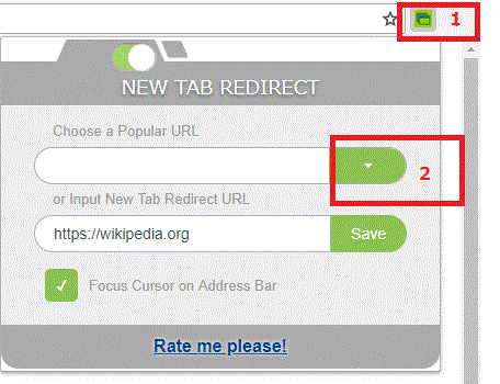 「新しいタブウェブサイトのURLチェンジャー」のアイコンを押す⇒「Choose a Popular URL]-拡張機能-Chrome