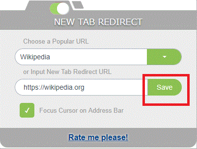 〔Save〕を押す-「新しいタブウェブサイトのURLチェンジャー」-拡張機能-Chrome