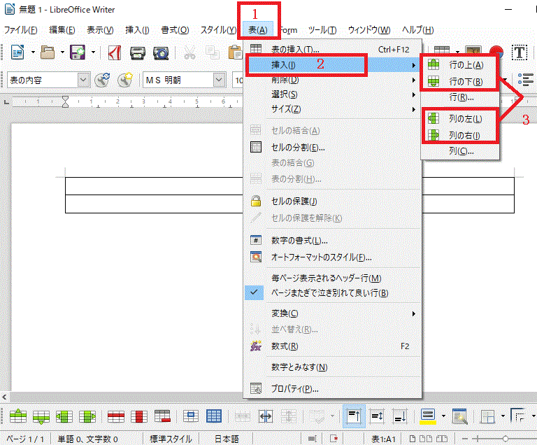 タブの〔表（A）〕から列や行を追加する1-LibreOffice Writerで表を作る