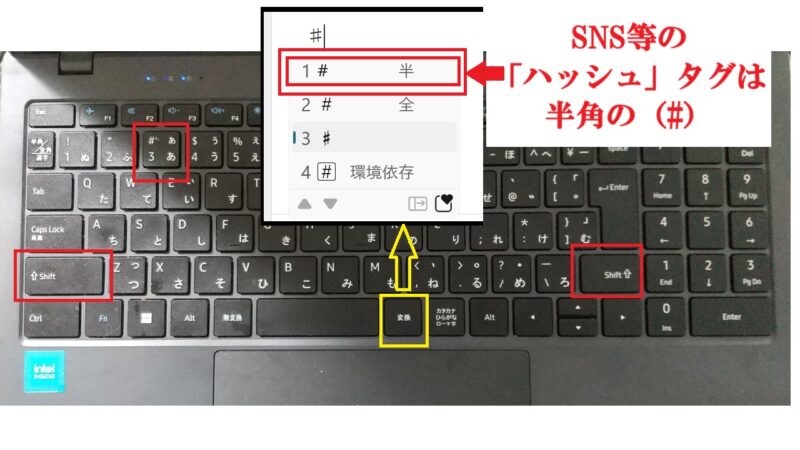 SNS等の「ハッシュ」タグは半角の（#）-「shift」＋「３」を押し、変換キーを押す-キーボー