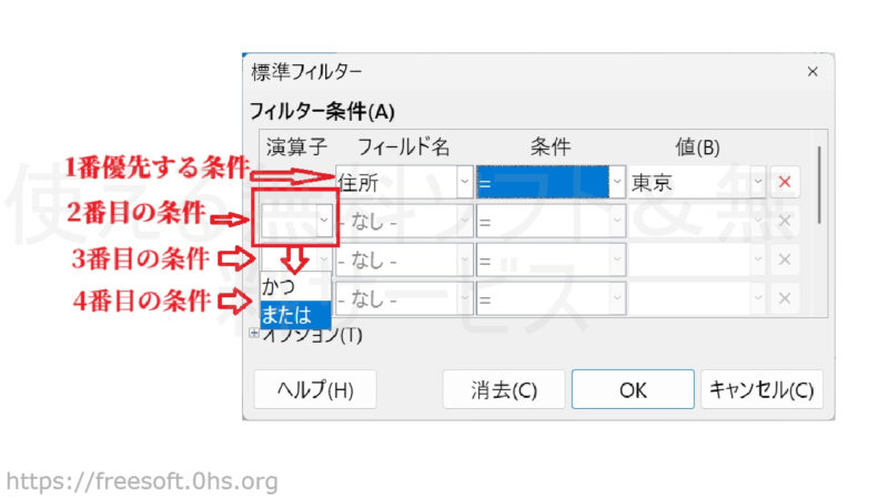 複数のフィールドで条件を指定してデータを絞り込む-標準フィルター-オートフィルター-LibreOfficeCalc