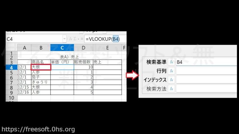 表Aの基準になるセルをクリック-【VLOOKUP】関数