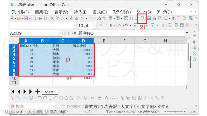 表のデータ部分を範囲指定→〔オートフィルター〕ボタンを押すー〔オートフィルター〕の設定-LibreOfficeCalc